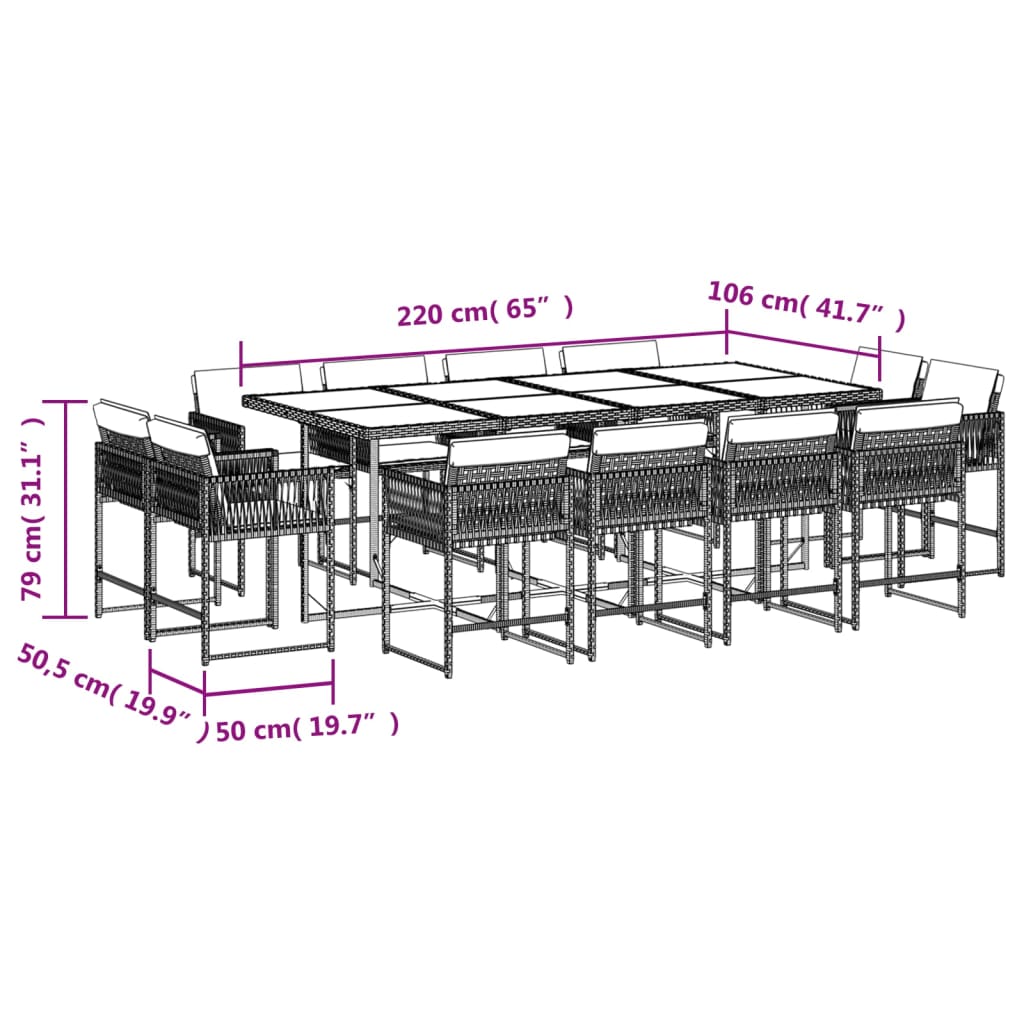 Set da Pranzo da Giardino 13pz con Cuscini Nero in Polyrattan