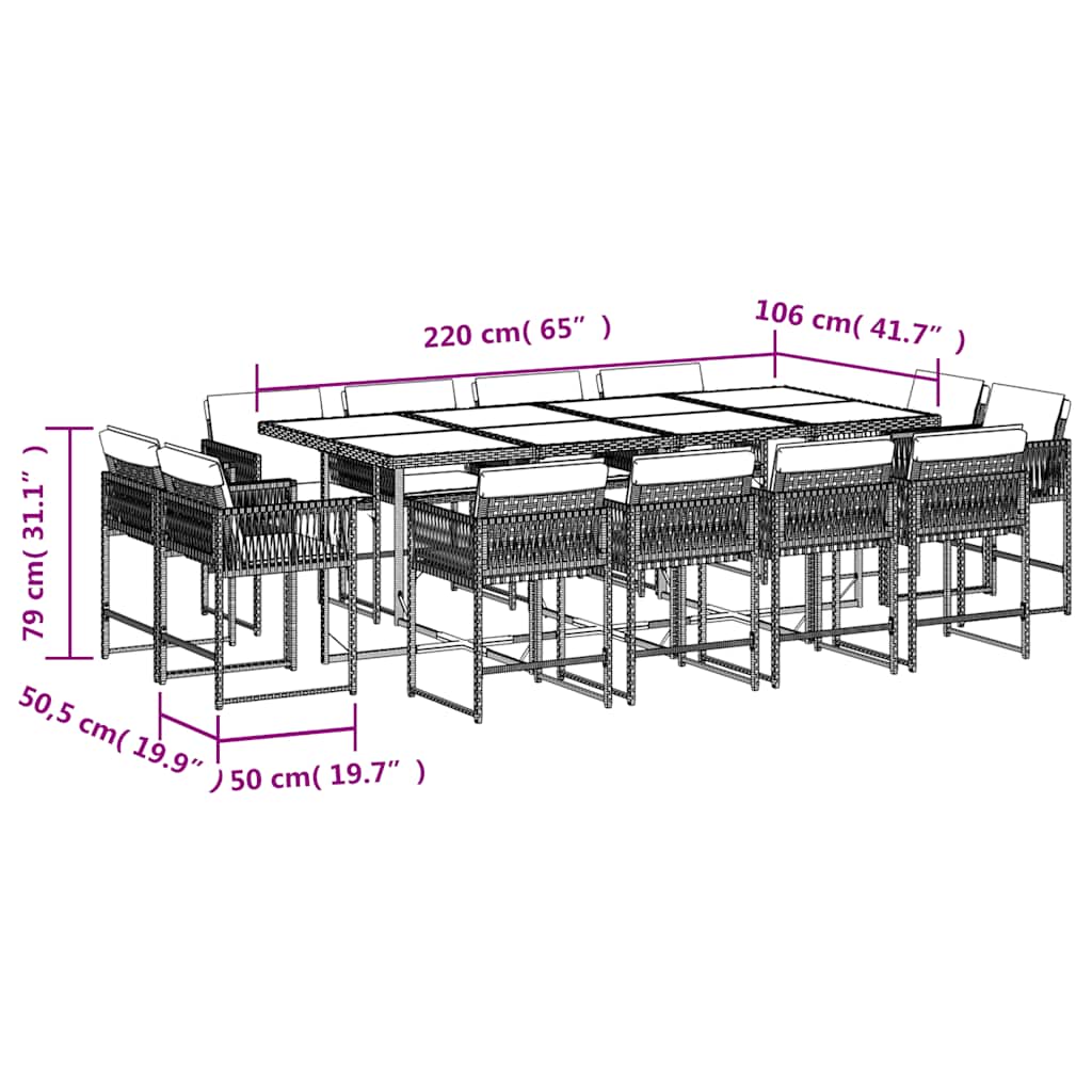 Set da Pranzo da Giardino 13pz con Cuscini Grigio in Polyrattan | homemem39