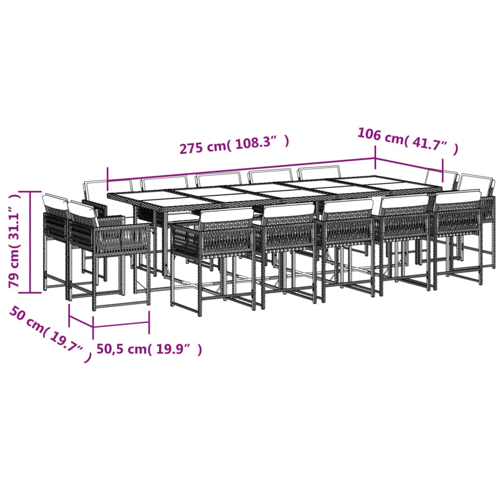 Set da Pranzo da Giardino 15 pz con Cuscini Nero in Polyrattan