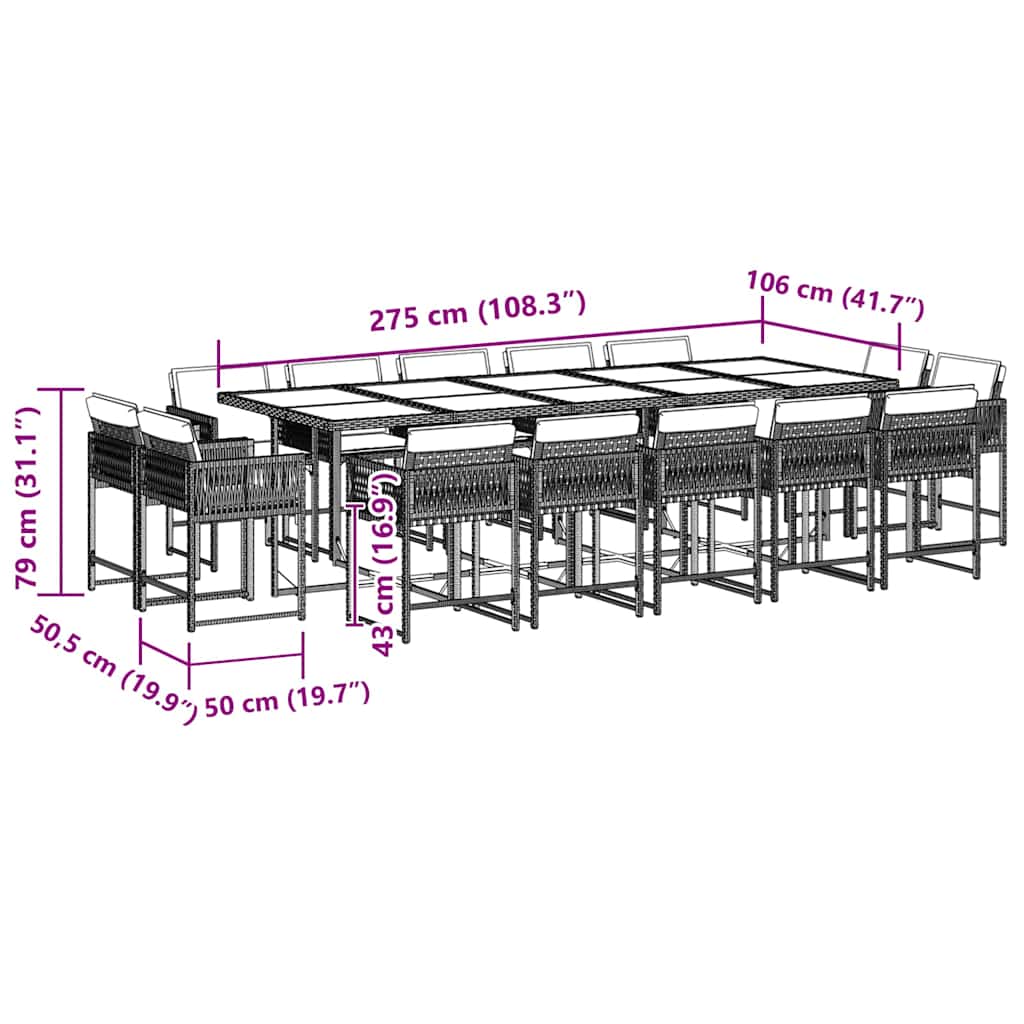 Set da Pranzo da Giardino 15 pz con Cuscini Nero in Polyrattan