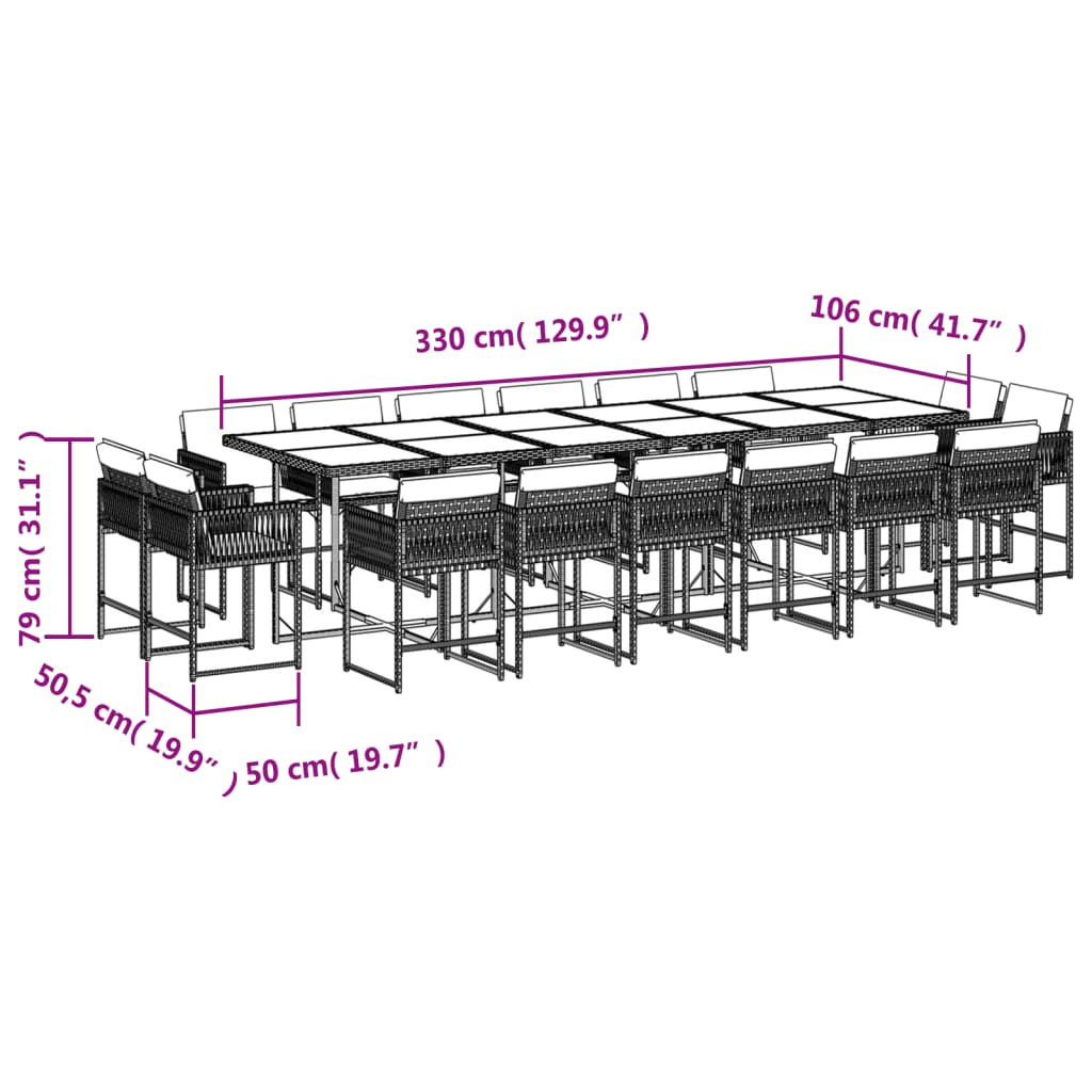 Set da Pranzo da Giardino 17 pz con Cuscini Marrone Polyrattan