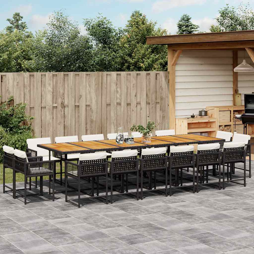 Set da Pranzo da Giardino 17 pz con Cuscini Nero in Polyrattan