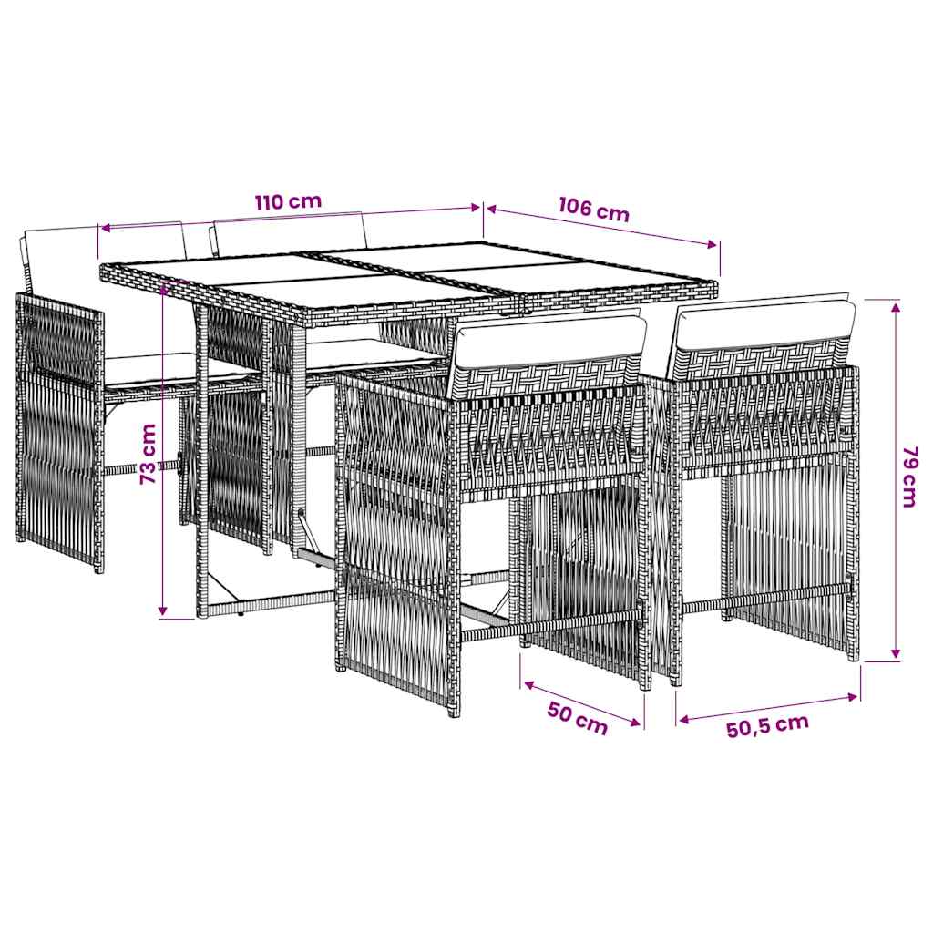 Set da Pranzo da Giardino 5 pz Nero con Cuscini in Polyrattan