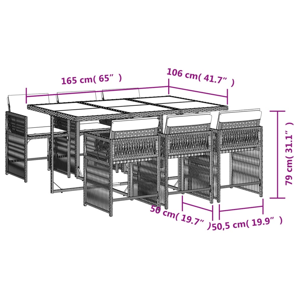 Set da Pranzo da Giardino 7 pz con Cuscini in Polyrattan Grigio