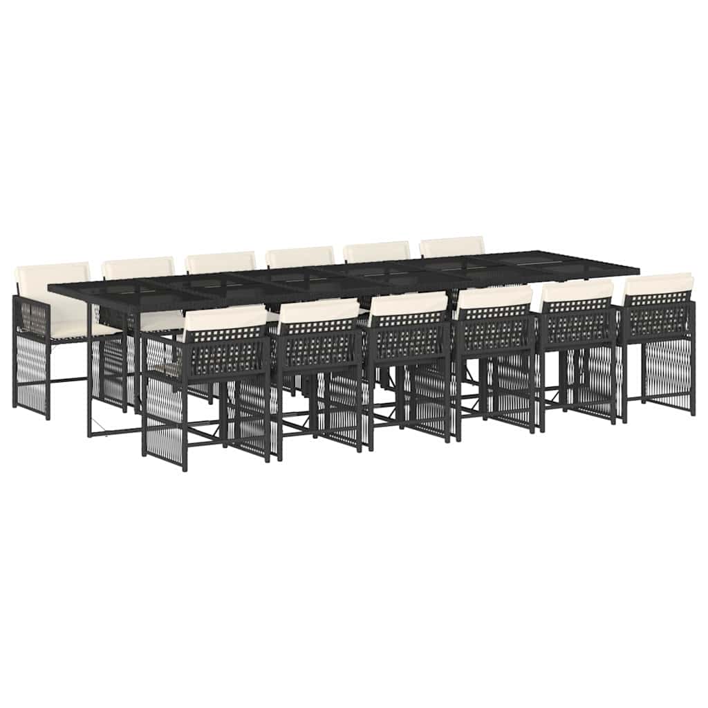 Set da Pranzo da Giardino 13pz con Cuscini Nero in Polyrattan