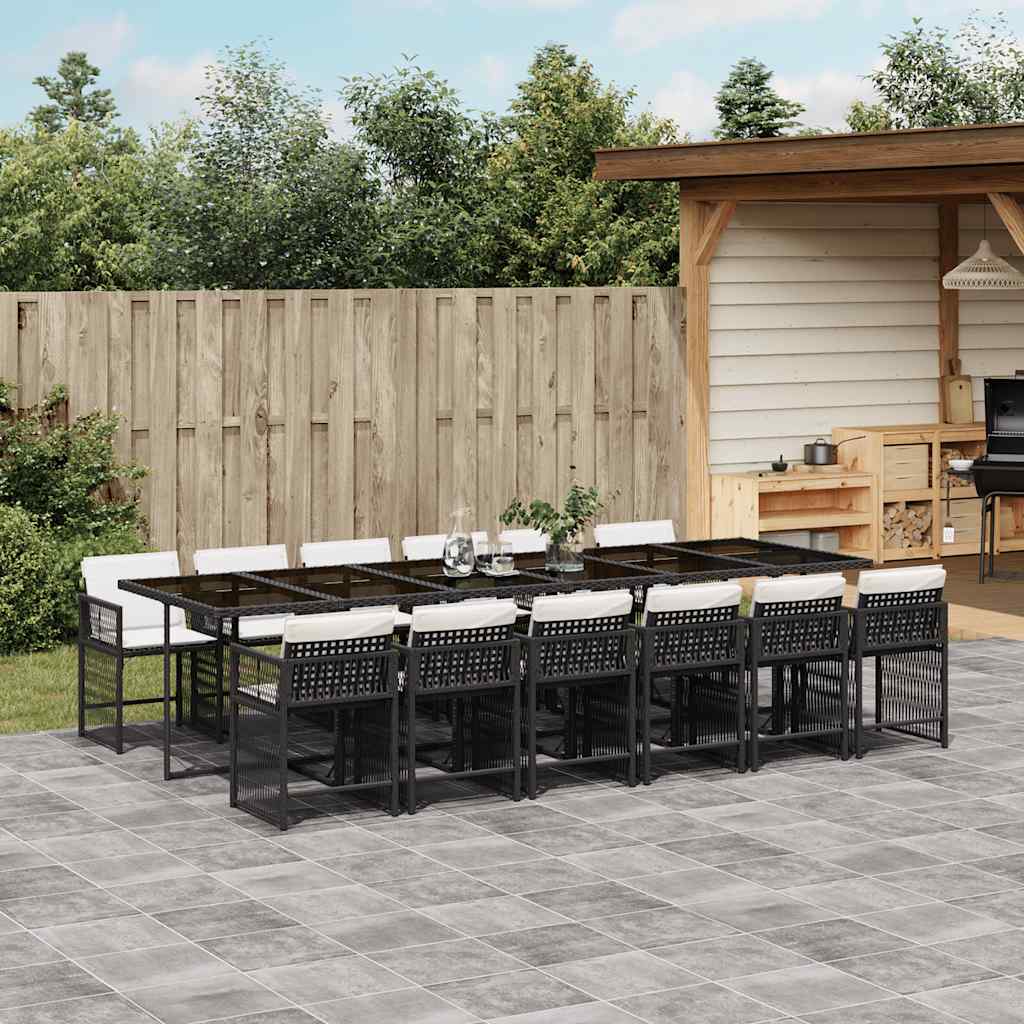 Set da Pranzo da Giardino 13pz con Cuscini Nero in Polyrattan