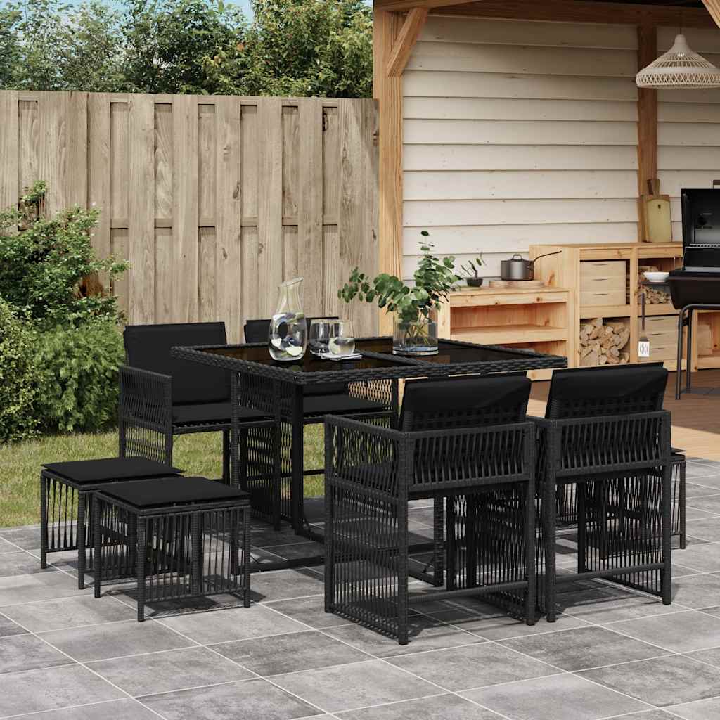 Set da Pranzo da Giardino 9 pz con Cuscini Nero in Polyrattan - homemem39