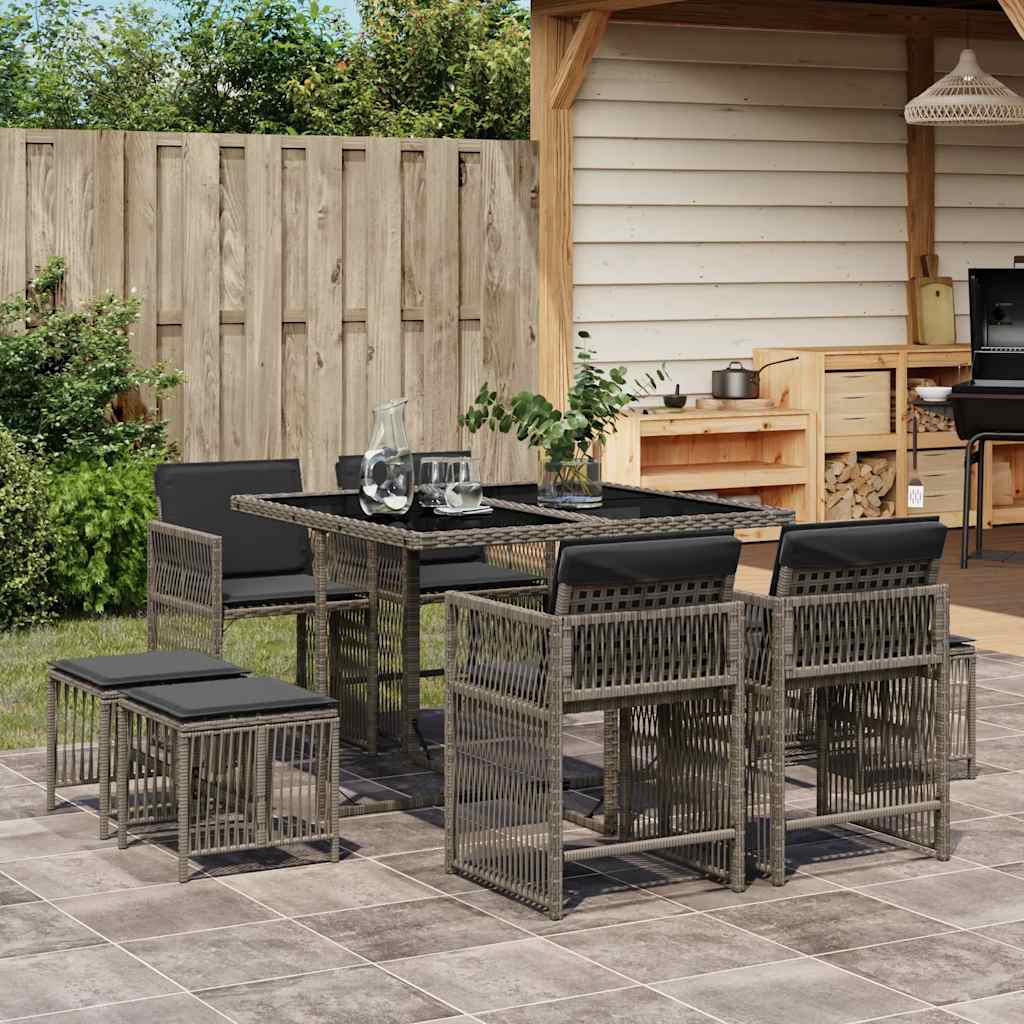 Set da Pranzo da Giardino 9 pz con Cuscini in Polyrattan Grigio - homemem39