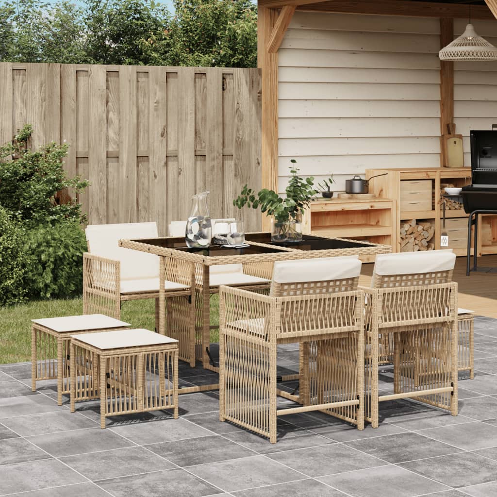 Set da Pranzo da Giardino 9 pz con Cuscini Beige in Polyrattan - homemem39