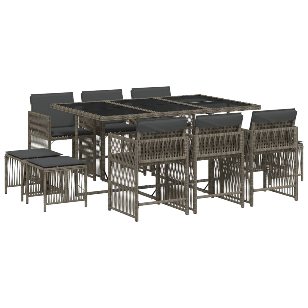 Set da Pranzo da Giardino 11pz con Cuscini in Polyrattan Grigio