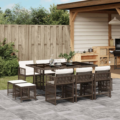 Set da Pranzo da Giardino 11 pz con Cuscini Polyrattan Marrone