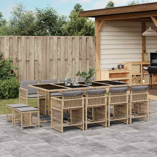 Set Pranzo da Giardino 13 pz con Cuscini Beige Misto Polyrattan