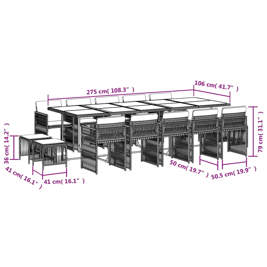 Set da Pranzo da Giardino 15 pz con Cuscini Nero in Polyrattan