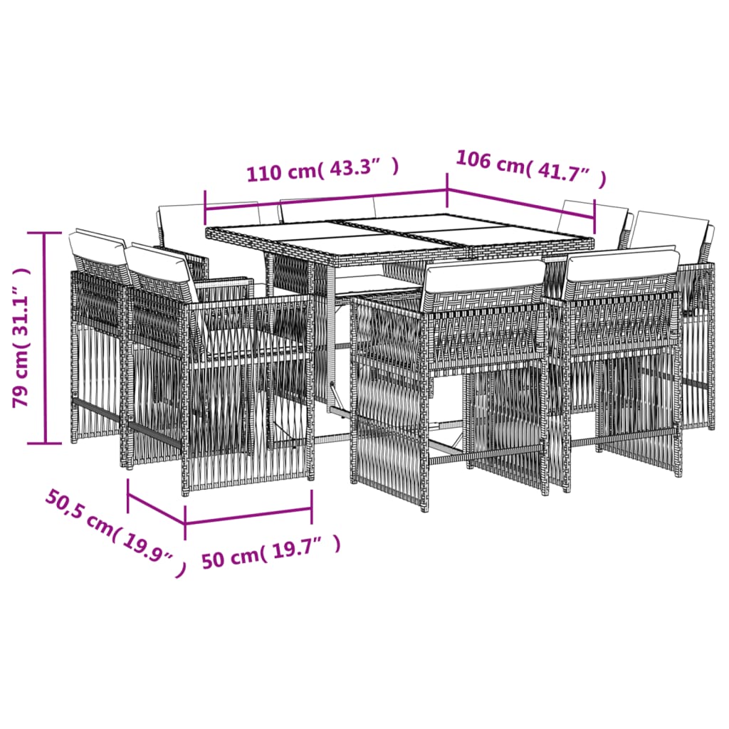 Set da Pranzo da Giardino 9 pz con Cuscini Nero in Polyrattan