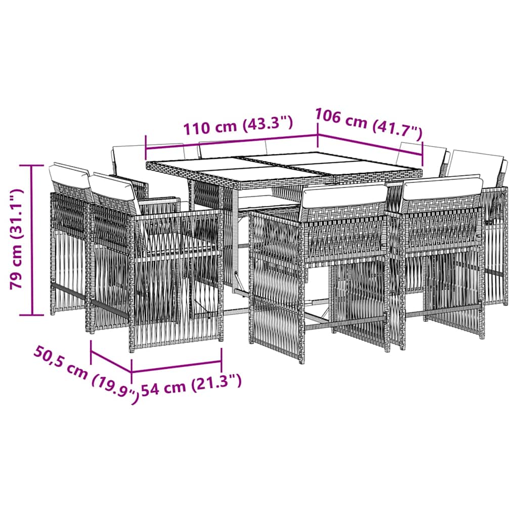 Set da Pranzo da Giardino 9 pz con Cuscini in Polyrattan Grigio | homemem39