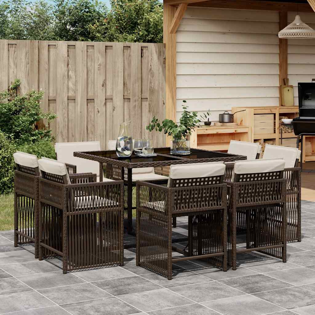 Set da Pranzo da Giardino 9pz con Cuscini Marrone in Polyrattan - homemem39