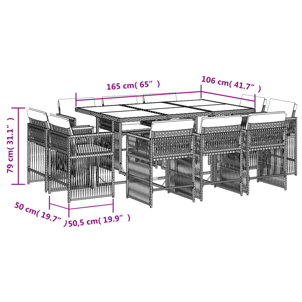 Set da Pranzo da Giardino 11 pz con Cuscini in Polyrattan Nero