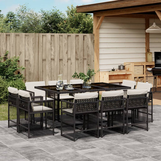 Set da Pranzo da Giardino 11 pz con Cuscini in Polyrattan Nero