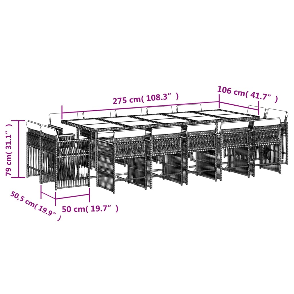 Set da Pranzo da Giardino 15 pz con Cuscini Nero in Polyrattan