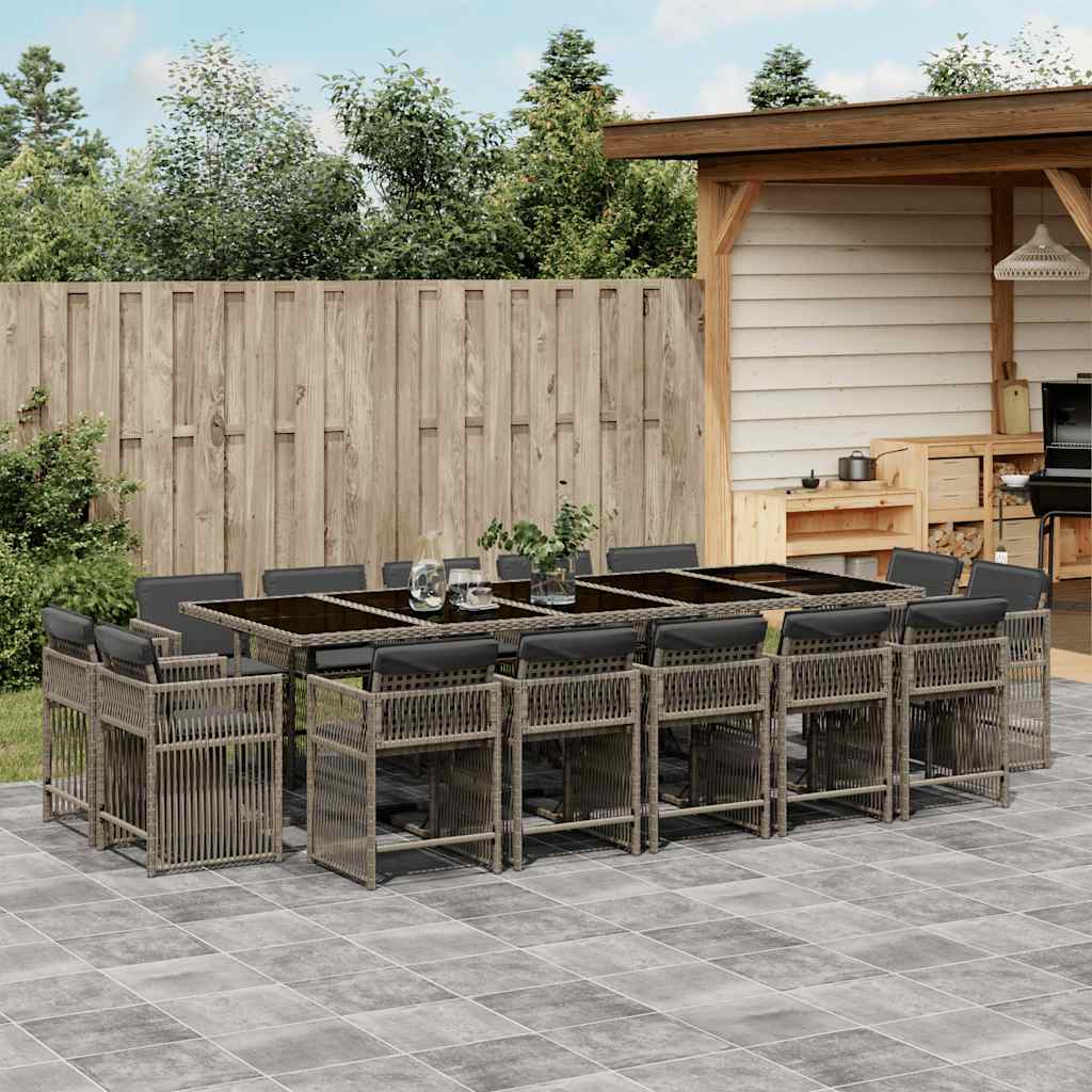 Set da Pranzo da Giardino 15 pz con Cuscini Grigio Polyrattan