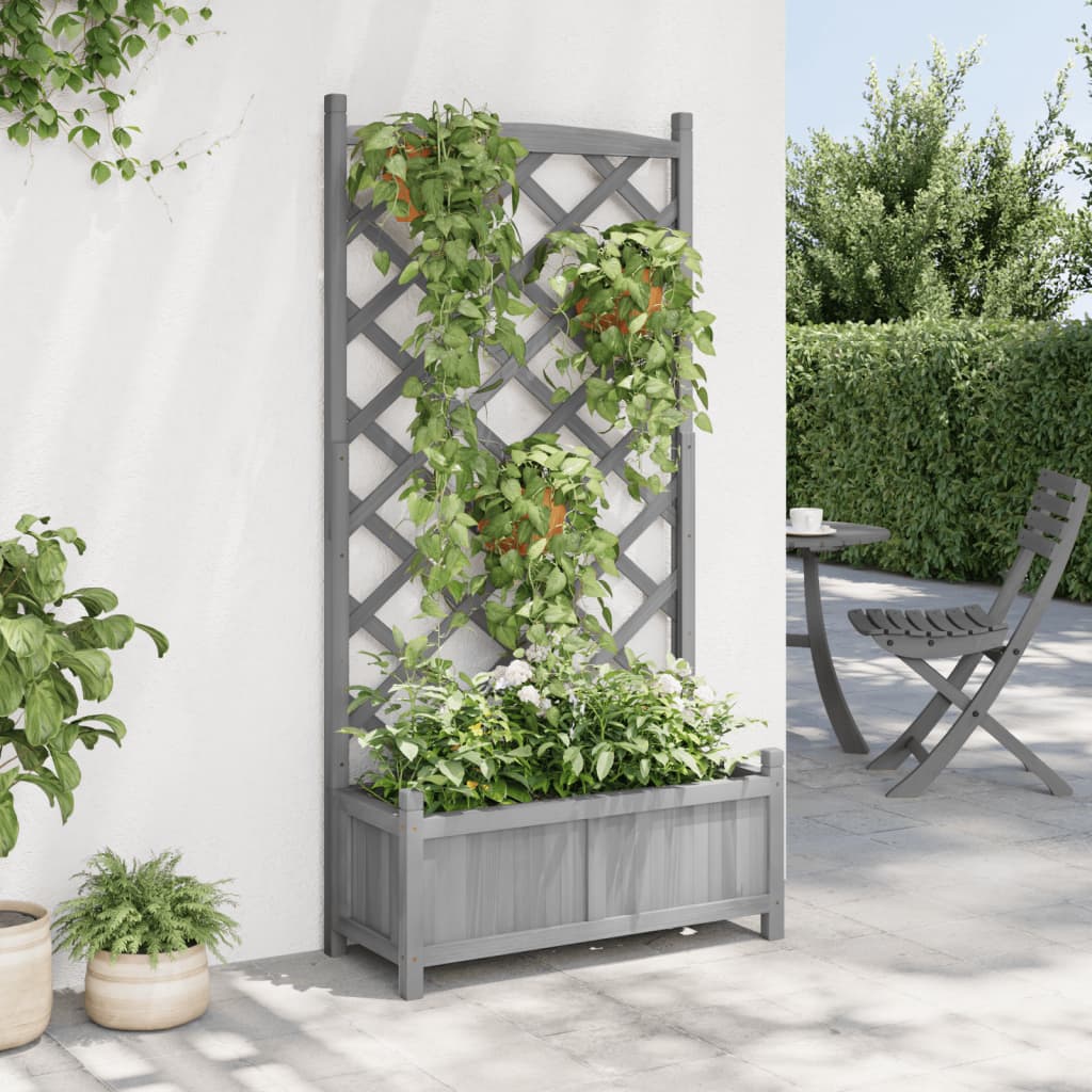 Planter with Gray Trellis in Solid Fir Wood