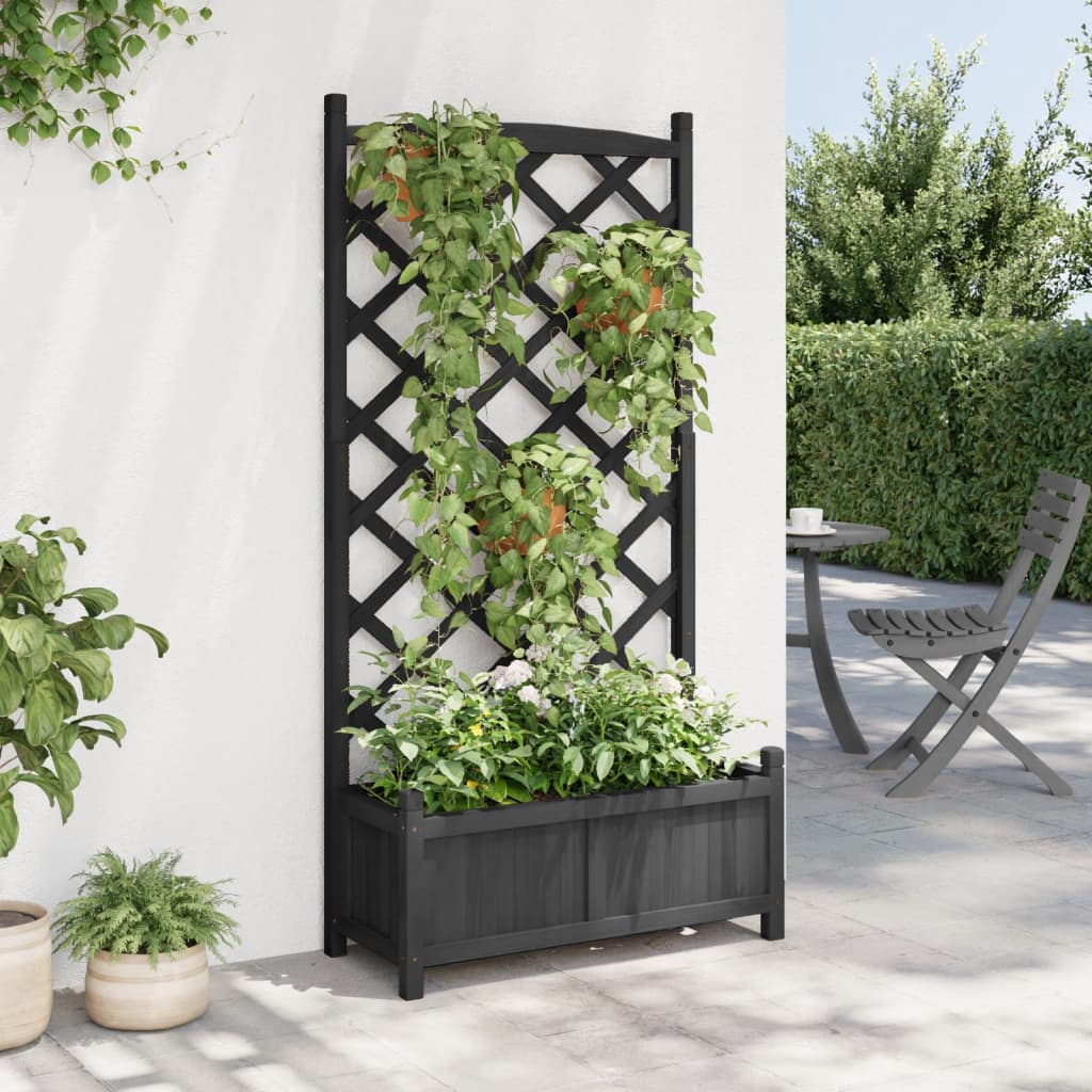 Planter with Black Trellis in Solid Fir Wood