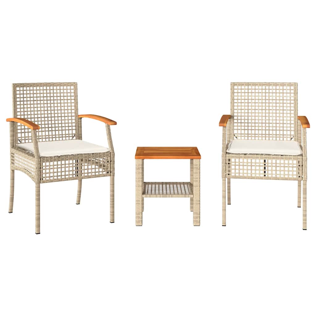Set da Bistrò 3 pz con Cuscini Beige Polyrattan e Legno Acacia | homemem39