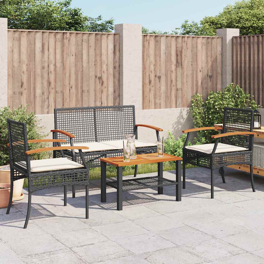 Set Divani da Giardino 4 pz con Cuscini Nero in Polyrattan | homemem39