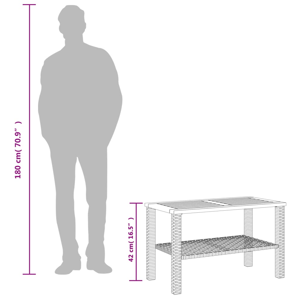 Gray Garden Table 70x38x42 cm Polyrattan and Acacia Wood