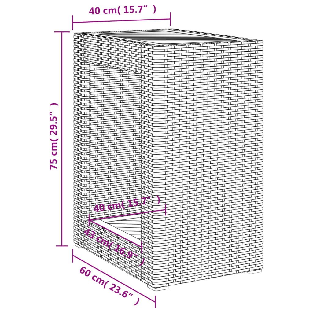 Tavolino da Giardino Piano Legno Nero 60x40x75 cm Polyrattan