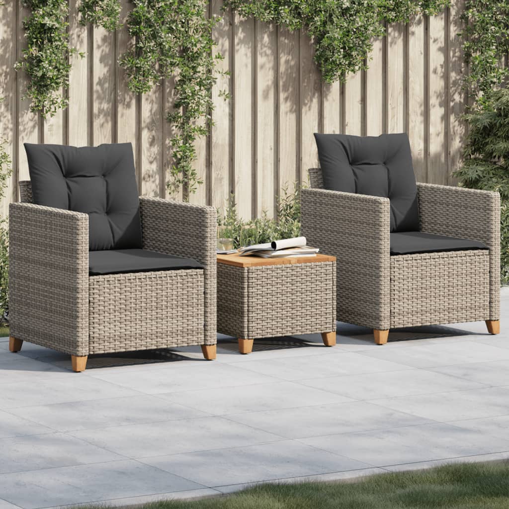 Set da Bistrò 3 pz con Cuscini Grigio Polyrattan e Legno Acacia - homemem39