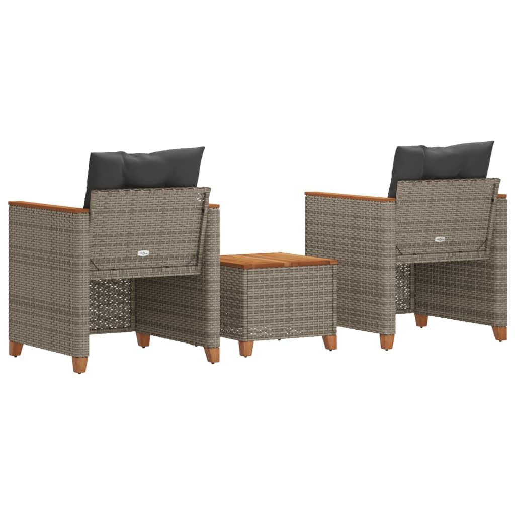 Set da Bistrò 3 pz con Cuscini Grigio Polyrattan e Legno Acacia - homemem39