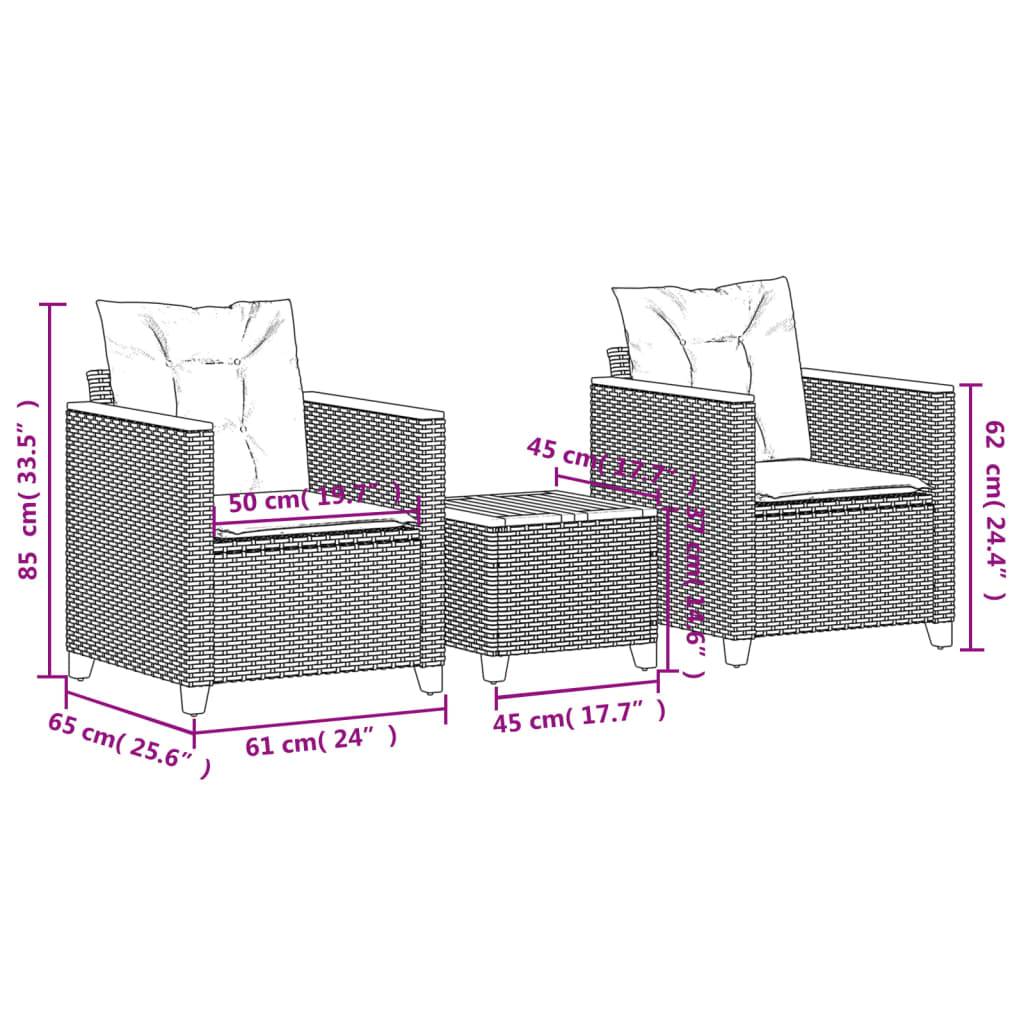 Set da Bistrò 3 pz con Cuscini Beige Polyrattan e Legno Acacia | homemem39