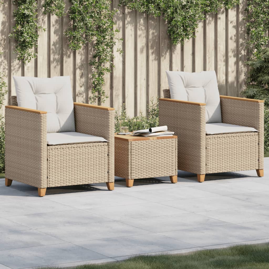 Set da Bistrò 3 pz con Cuscini Beige Polyrattan e Legno Acacia | homemem39