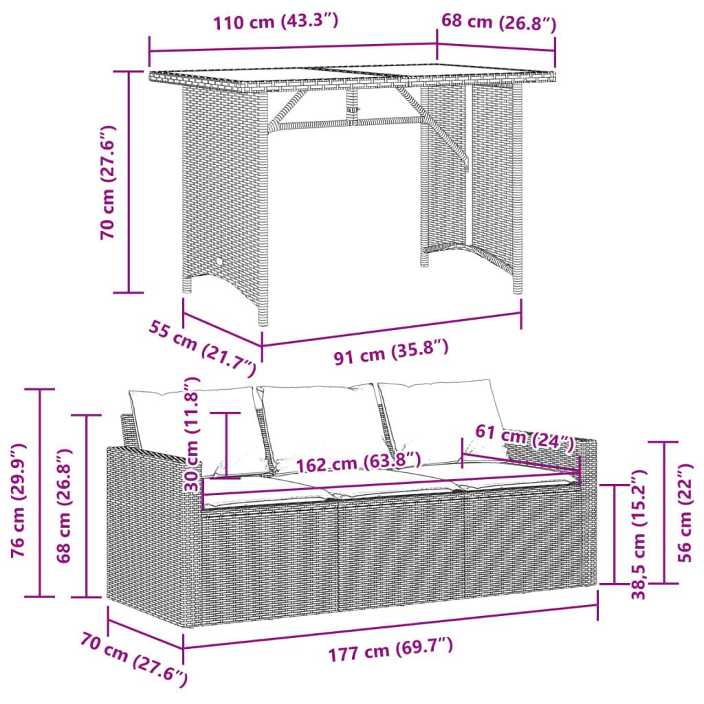 Set da Pranzo da Giardino 2pz con Cuscini in Polyrattan Marrone | homemem39
