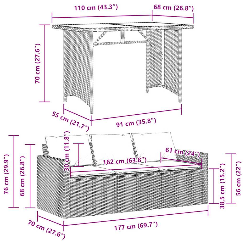 Set da Pranzo da Giardino 2 pz con Cuscini in Polyrattan Grigio