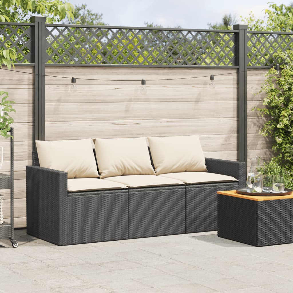 Divano da Giardino a 3 Posti con Cuscini Nero in Polyrattan | homemem39