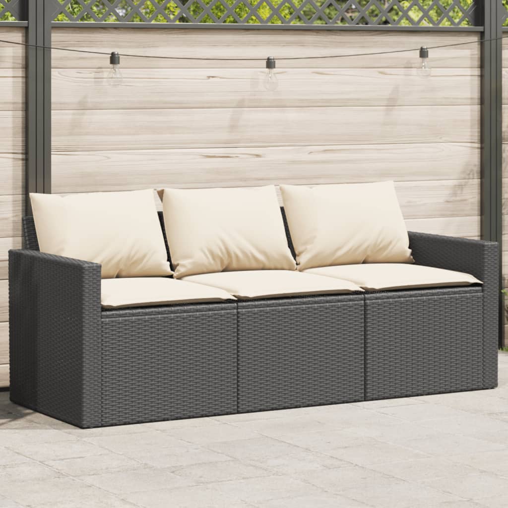 Divano da Giardino a 3 Posti con Cuscini Nero in Polyrattan | homemem39
