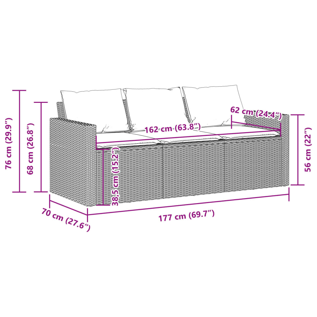Divano da Giardino con Cuscini 3 Posti Grigio in Polyrattan | homemem39