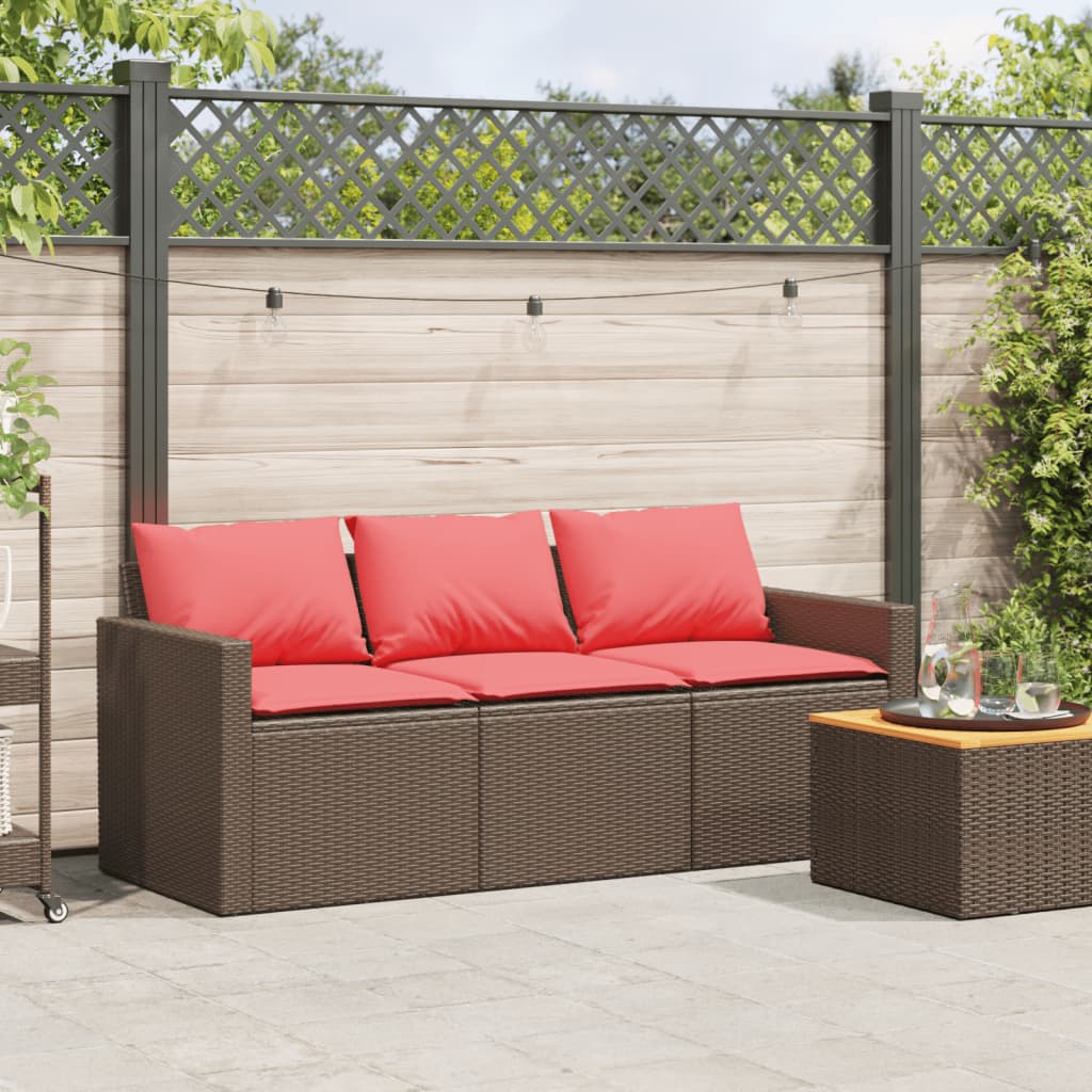 Divano da Giardino a 3 Posti con Cuscini in Polyrattan Marrone | homemem39