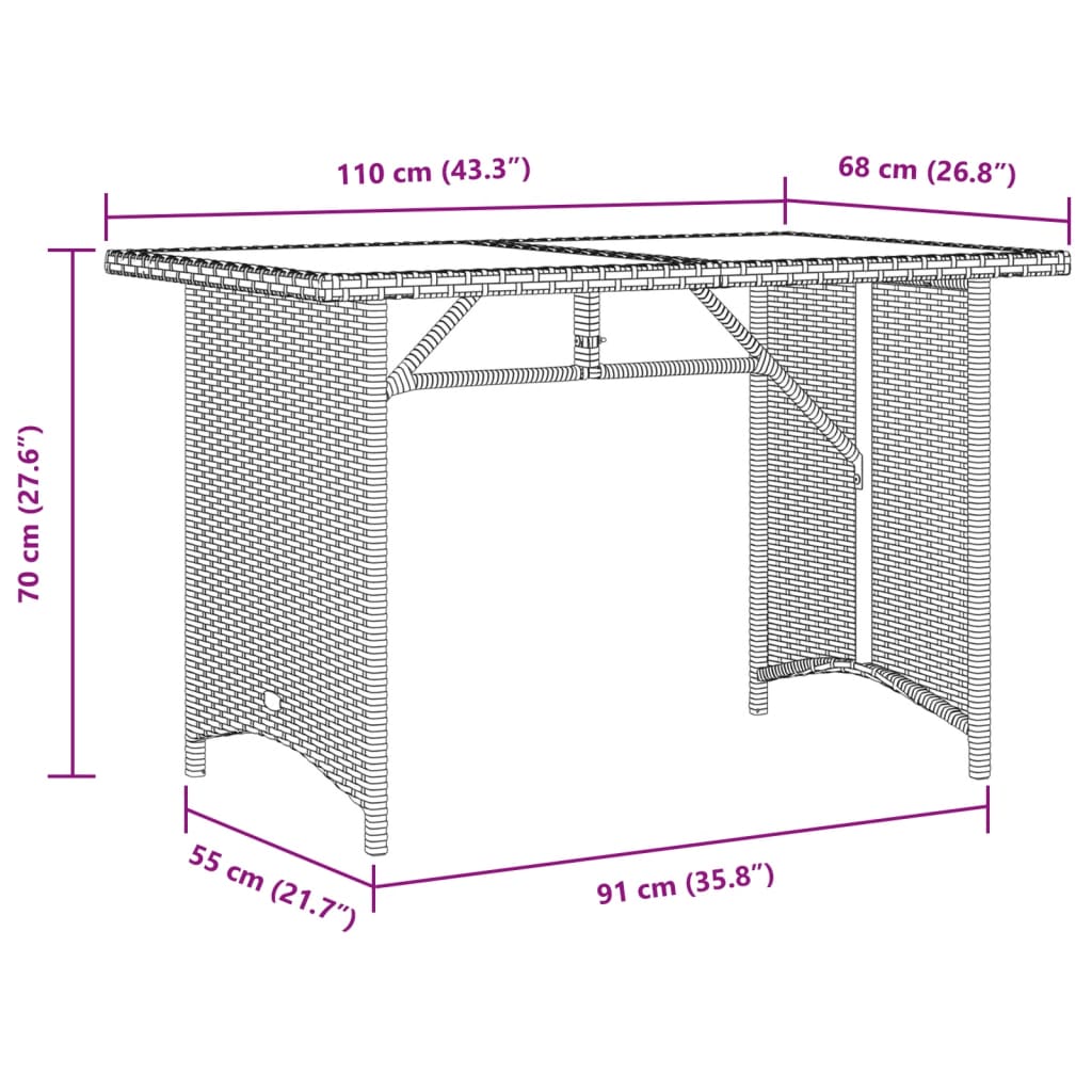 Tavolo da Giardino Piano in Vetro Nero 110x68x70 cm Polyrattan