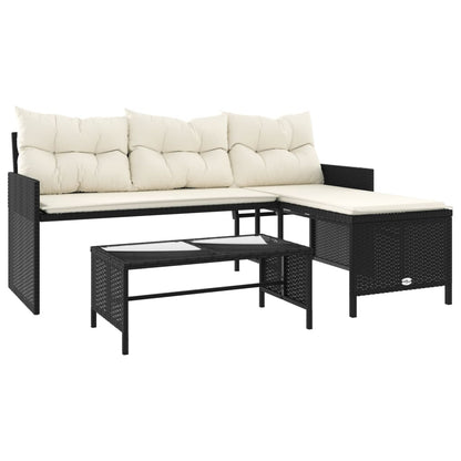 Divano da Giardino con Tavolo e Cuscini a L Nero in Polyrattan | homemem39