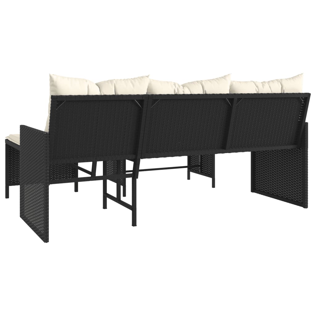 Divano da Giardino con Tavolo e Cuscini a L Nero in Polyrattan | homemem39