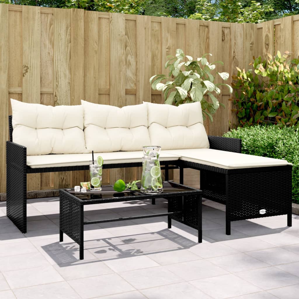 Divano da Giardino con Tavolo e Cuscini a L Nero in Polyrattan | homemem39
