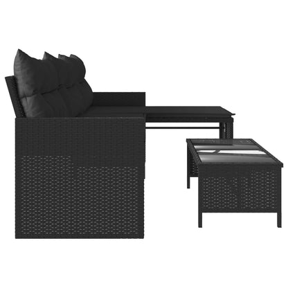 Divano da Giardino con Tavolo e Cuscini a L Nero in Polyrattan | homemem39
