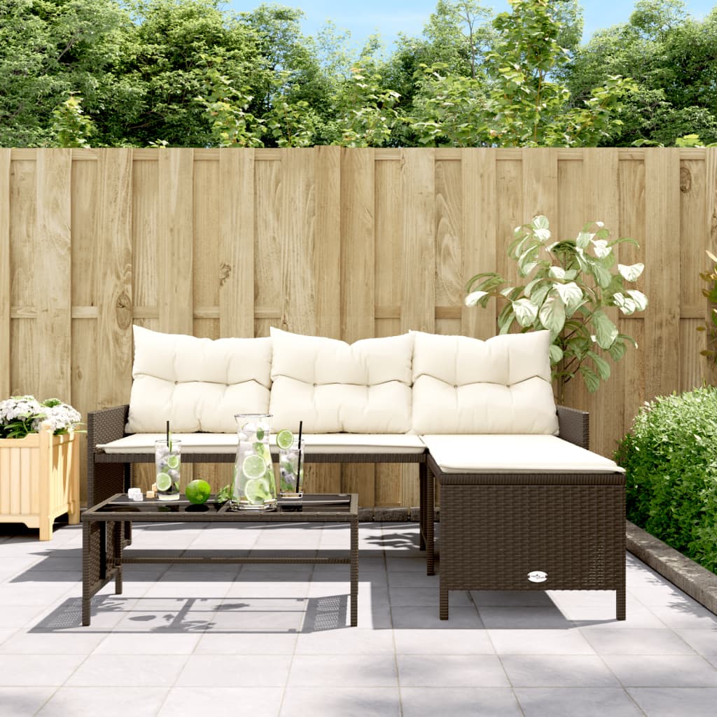 Divano da Giardino con Tavolo e Cuscini a L Marrone Polyrattan | homemem39