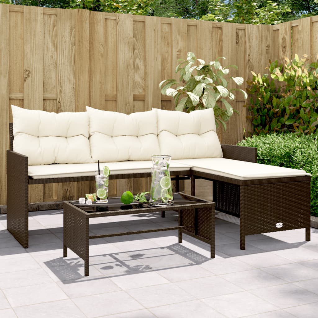 Divano da Giardino con Tavolo e Cuscini a L Marrone Polyrattan | homemem39