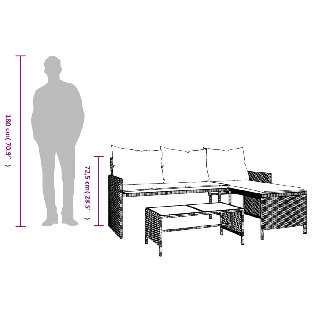 Divano da Giardino con Tavolo e Cuscini a L Grigio Polyrattan | homemem39