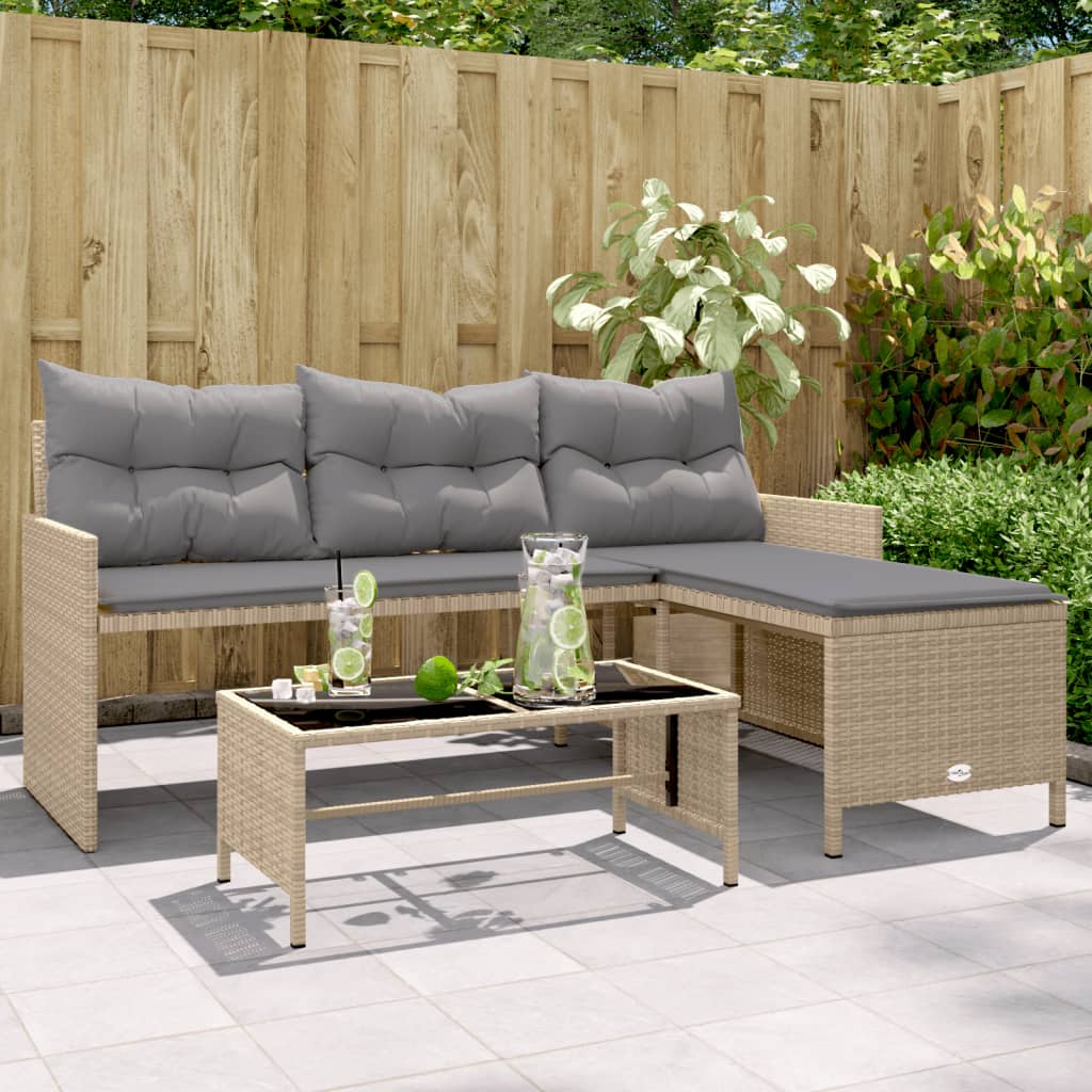 Divano Giardino con Tavolo e Cuscini a L Beige Misto Polyrattan | homemem39