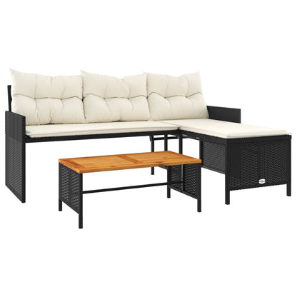 Divano da Giardino con Tavolo e Cuscini a L Nero in Polyrattan | homemem39
